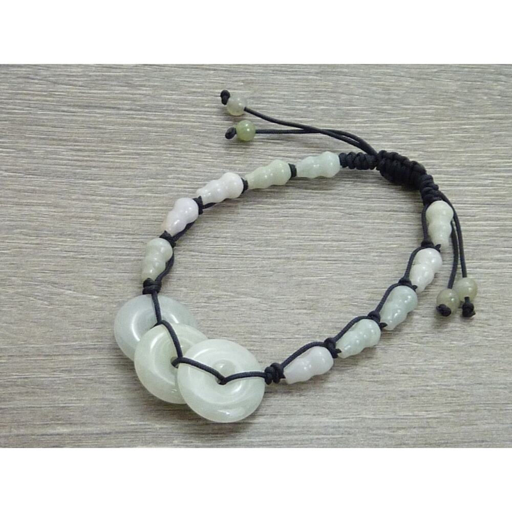 Carved Jade Coin Gourd Woven Cord Bracelet Lucky Charm Adjustable
